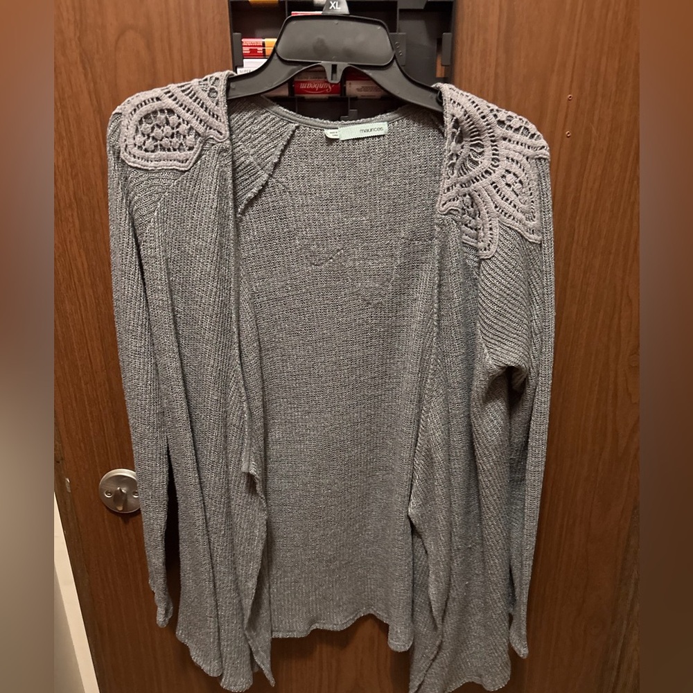Maurices Gray Crochet Detail Open Front Cardigan | Size Large